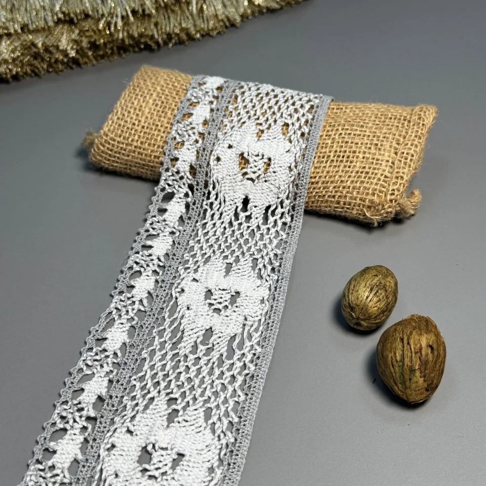 Мереживо макраме 8609 8 см (100 ярдів/91,4 м.), сірий+білий
