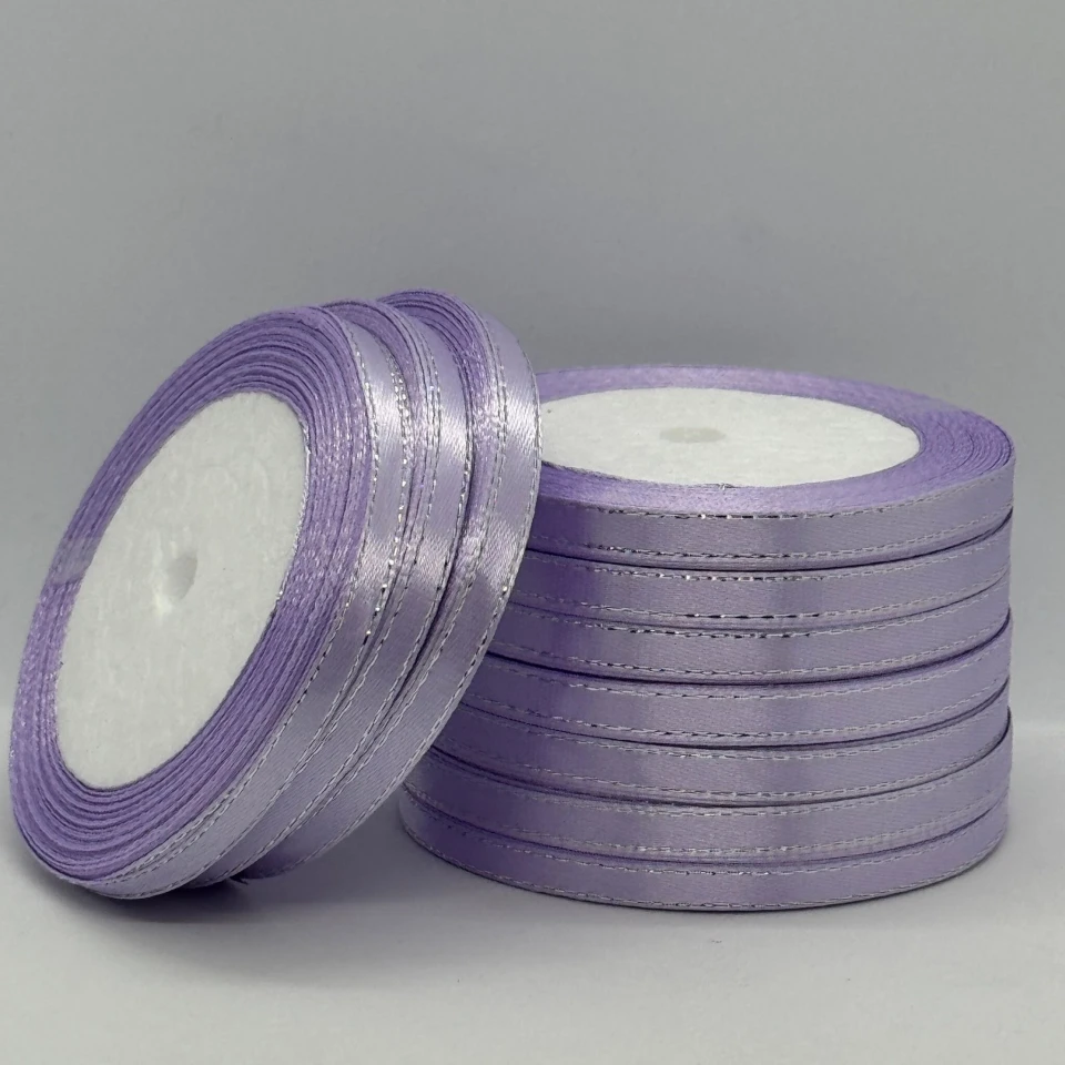 Стрічка атласна з люрекс 0,6 см+срібло (10*25 ярдів), 44 світло фіалковий