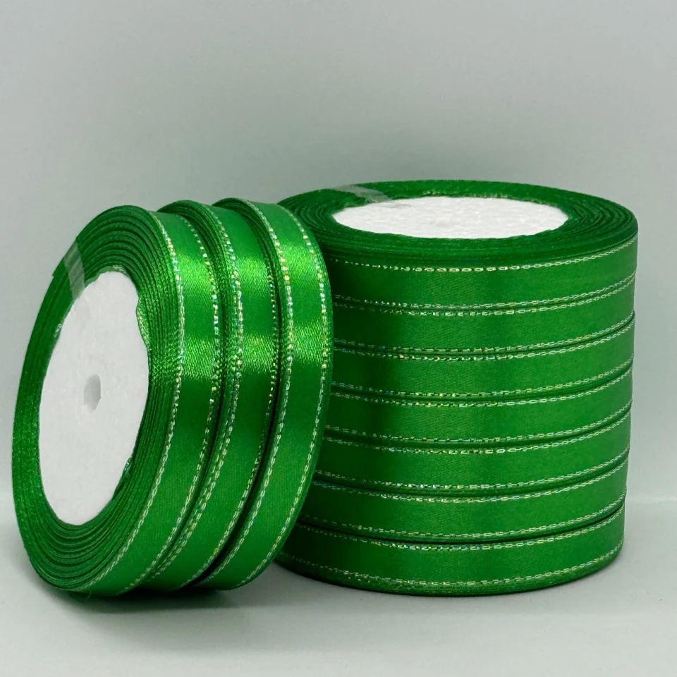 Стрічка атласна з люрекс 1 см+срібло (10*25 ярдів), 19 зелений