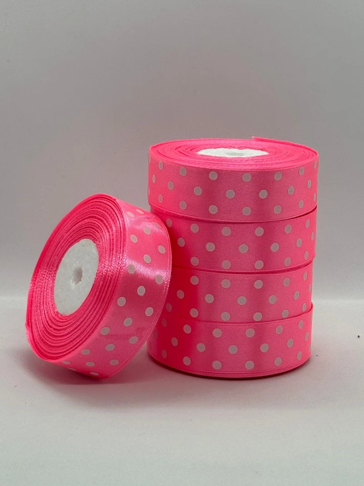 Стрічка атласна в горох 2.5 см (5*36 ярдів), 05 рожевий + білий