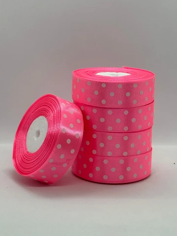 Стрічка атласна в горох 2.5 см (5*36 ярдів), 05 рожевий + білий