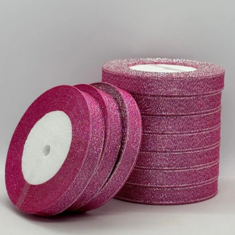 Тасьма парчева 1,2 см (10*25 ярдів/22,75 м.), 89 неон рожевий + срібло