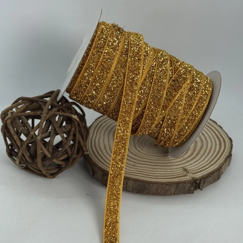 Стрічка оксамитова парча люрекс 1 см (25 ярдів/22,75 м.), 09 темне золото