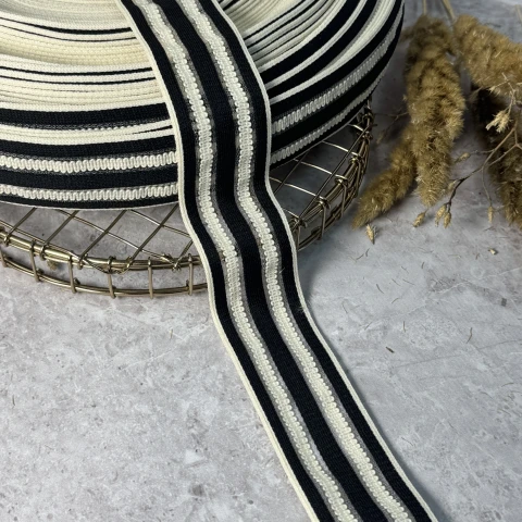 Лампас трикотажний 4 см «зіг-заг»(50 м), чорний+молочний