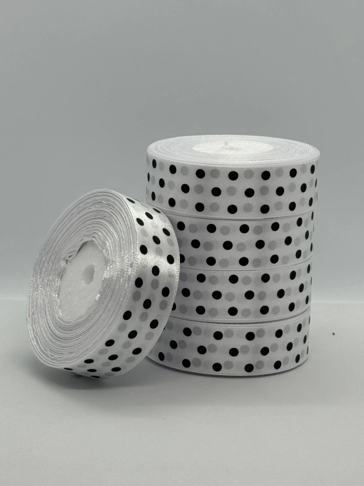 Стрічка атласна в горох 2.5 см (5*36 ярдів), 01 білий + чорний