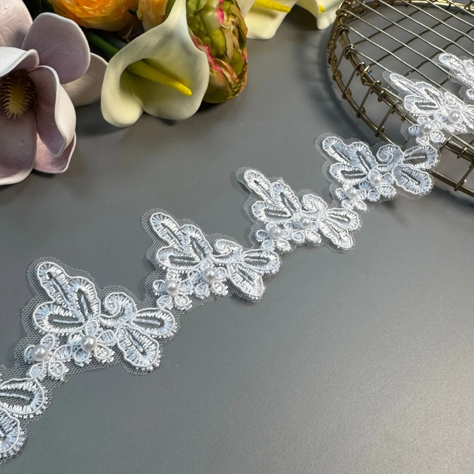 Мережево з кордовую ниткою Т600013А+перли 6 см. (16 ярдів/14.6 м.), білий