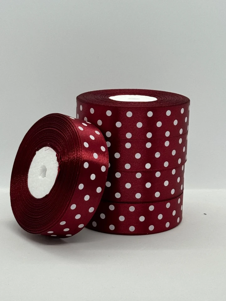 Стрічка атласна в горох 2.5 см (5*36 ярдів), 48 бордовий + білий