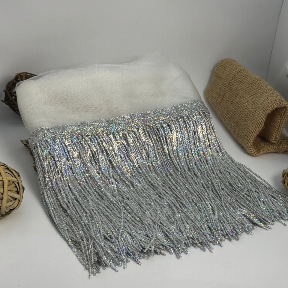 Бахрома танцювальна з паєткою 20 см (10 ярдів/9,14 м.), 37 срібло АВ