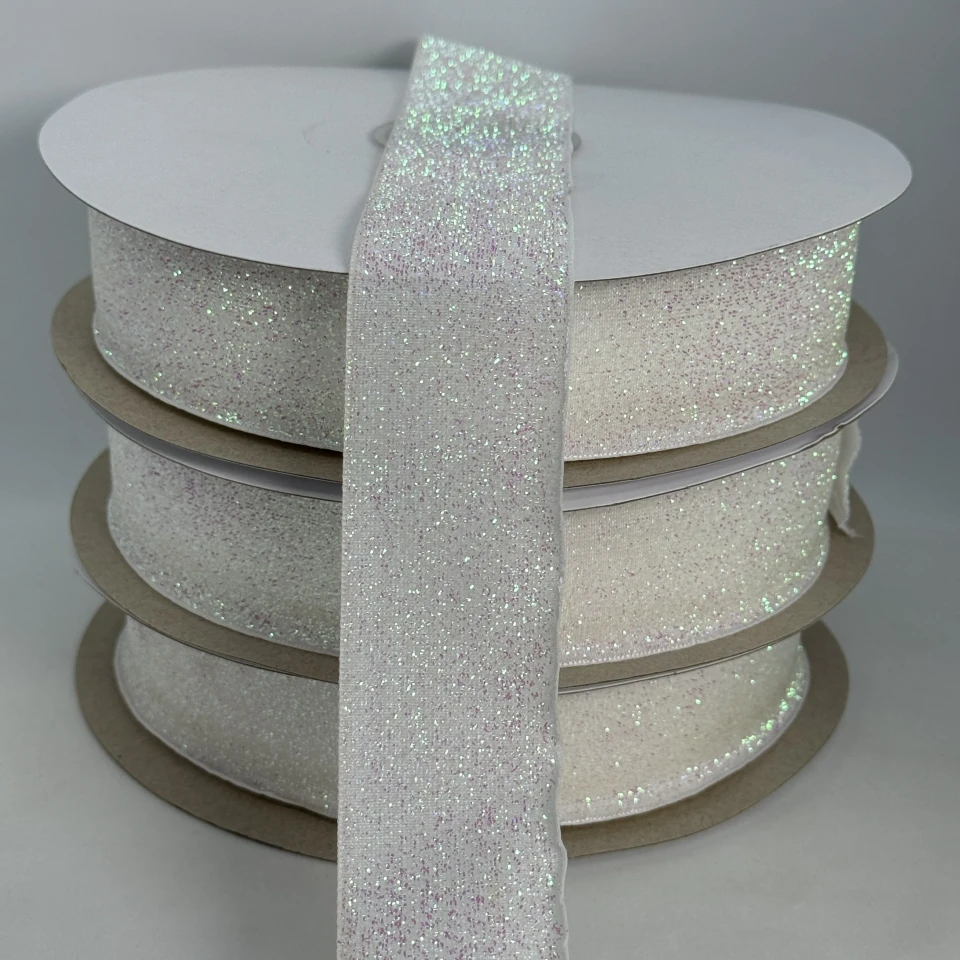 Стрічка оксамитова парча люрекс 3.8 см (25 ярдів/22,75 м.), 28 білий АВ