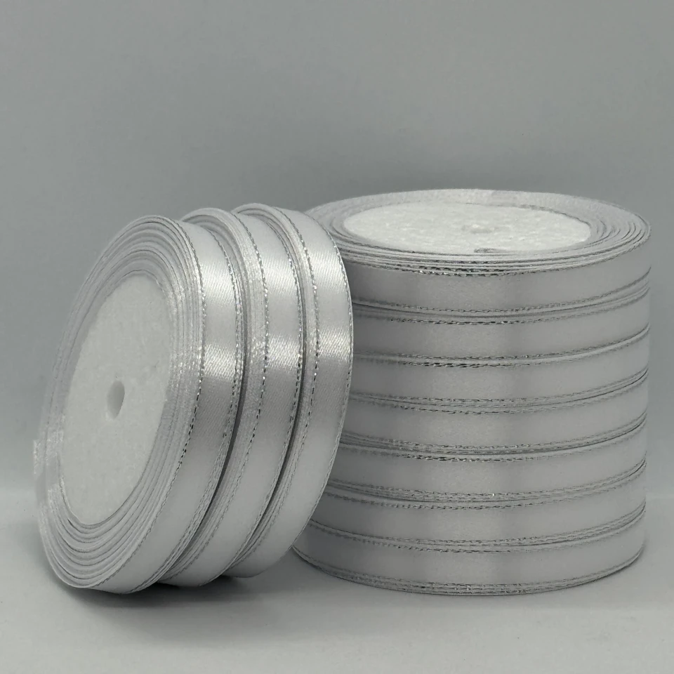 Стрічка атласна з люрекс 1 см+срібло (10*25 ярдів), 01 білий