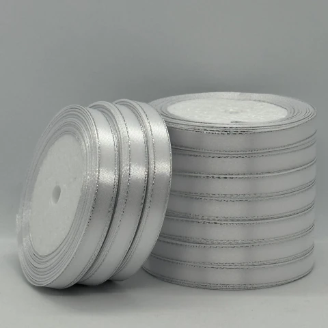 Стрічка атласна з люрекс 1 см+срібло (10*25 ярдів), 01 білий