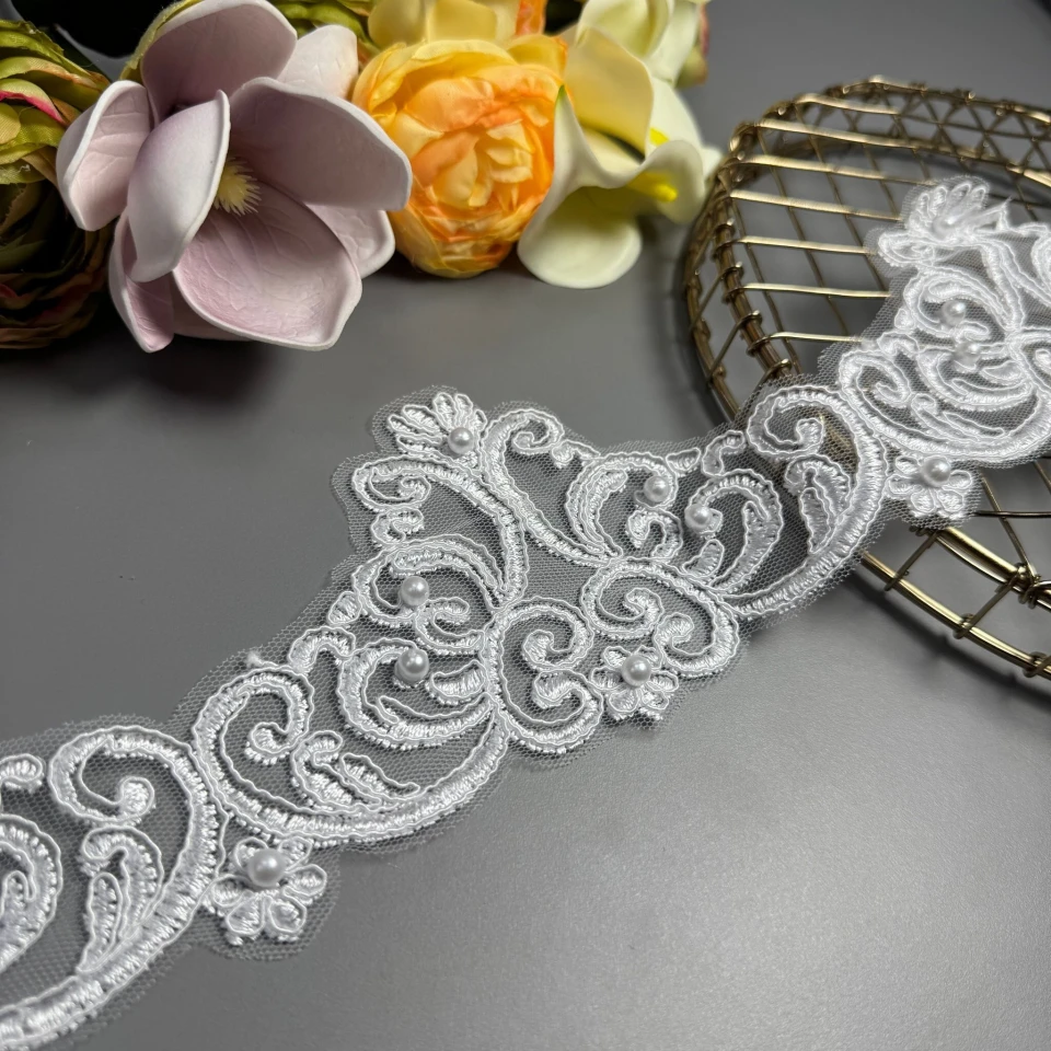 Мережево з кордовую ниткою Т600010А+перли 10 см (16 ярдів/14.6 м.), білий