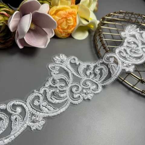 Мережево з кордовую ниткою Т600010А+перли 10 см (16 ярдів/14.6 м.), білий