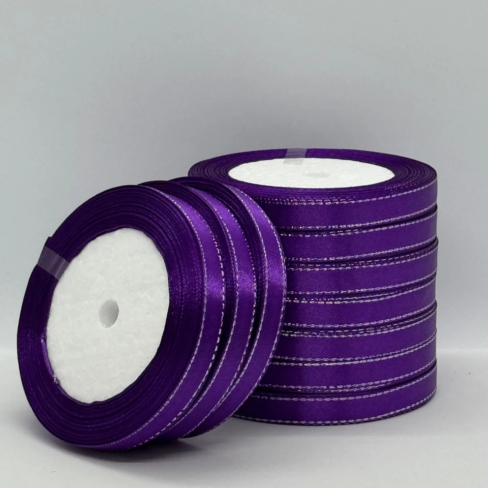 Стрічка атласна з люрекс 1 см+срібло (10*25 ярдів), 35 фіолетовий