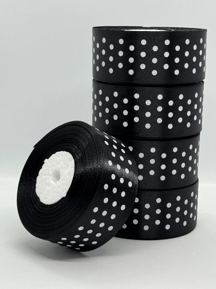 Стрічка атласна в горох 4 см (5*36 ярдів), 39 чорний + білий