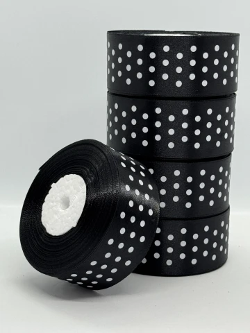 Стрічка атласна в горох 4 см (5*36 ярдів), 39 чорний + білий