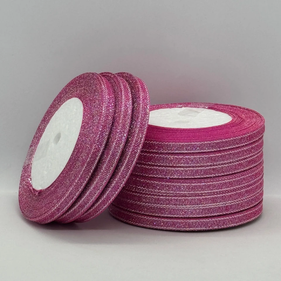 Тасьма парчева 0,6 см (10*25 ярдів/22,75 м.), 89 неон рожевий + срібло