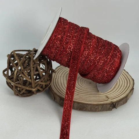 Лента бархатистая парча люрекс 1 см (25 ярдов/22,75 м.), 16 красный