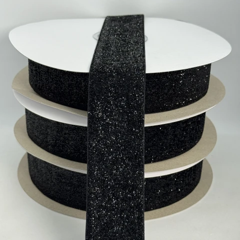 Лента бархатная парча люрекс 3.8 см (25 ярдов), ```
08 чёрный
```