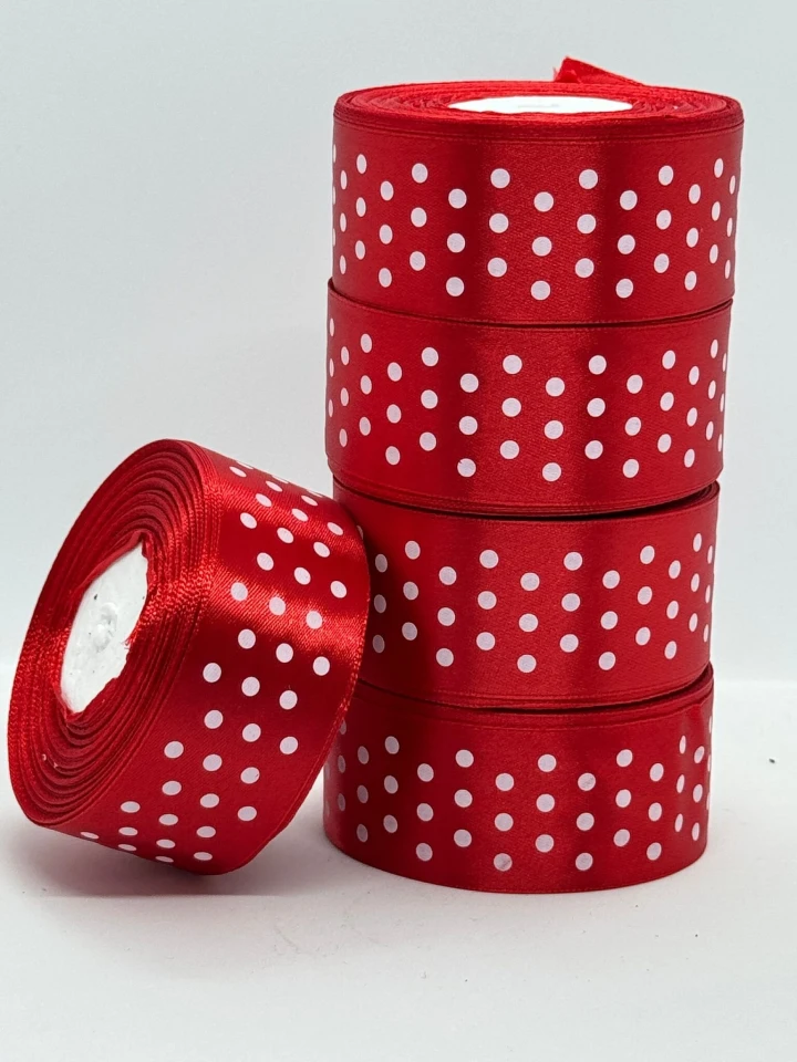 Стрічка атласна в горох 4 см (5*36 ярдів), 163 червоний + білий