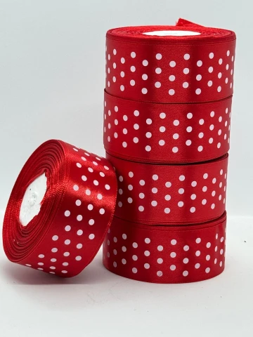 Стрічка атласна в горох 4 см (5*36 ярдів), 163 червоний + білий