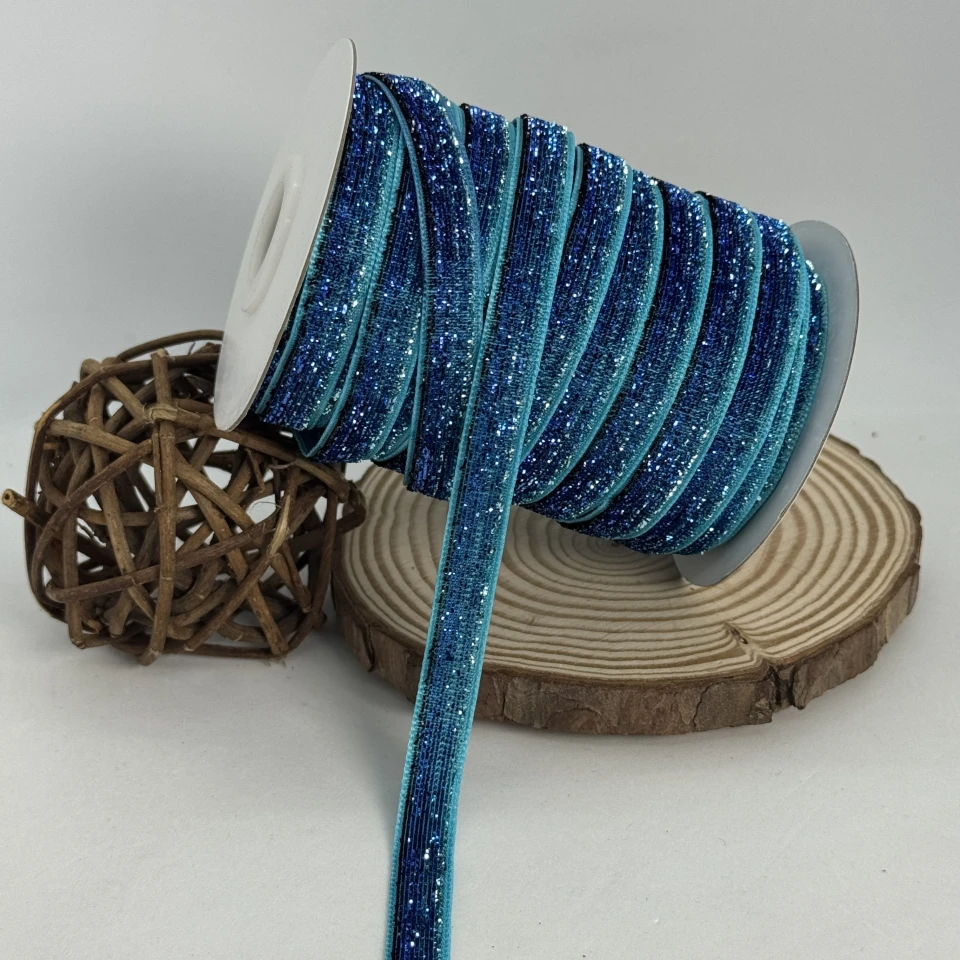 Стрічка оксамитова парча люрекс 1 см (25 ярдів/22,75 м.), 36 синій + бірюза