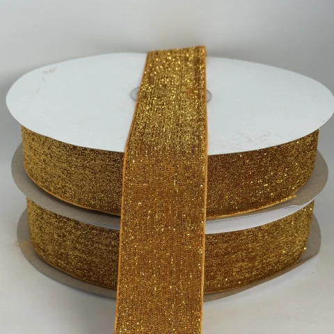 Лента бархатная парча люрекс 3.8 см (25 ярдов), 09 темное золото