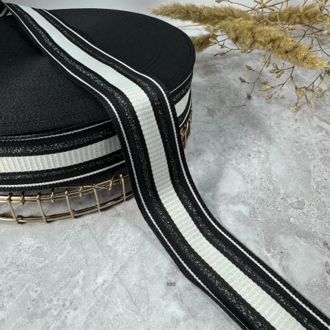 Трикотажная тесьма 4 см «Mono Line» (50 м), чёрный+молочный