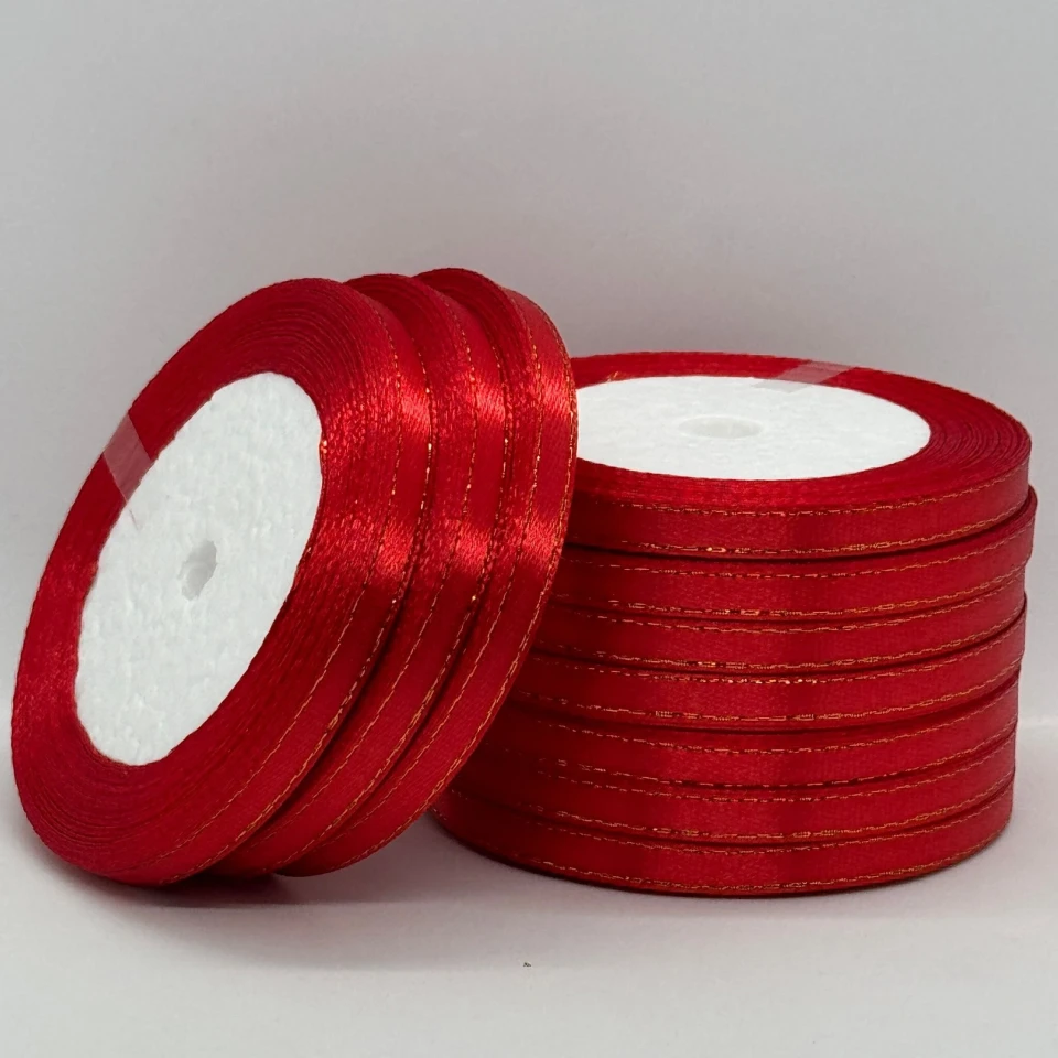 Стрічка атласна з люрекс 0,6 см+золото (10*25 ярдів), 163 червоний