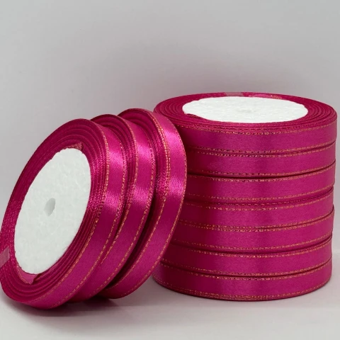 Стрічка атласна з люрекс 1 см+золото (10*25 ярдів), 27 малиновий