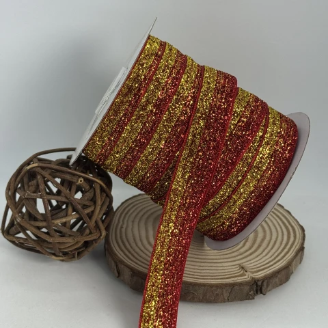 Стрічка оксамитова парча люрекс 2 см (25 ярдів/22,75 м.), 32 червоний + золото