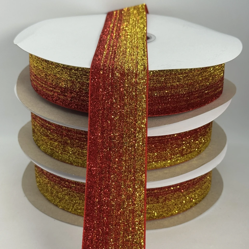 Стрічка оксамитова парча люрекс 3.8 см (25 ярдів/22,75 м.), 32 червоний + золото