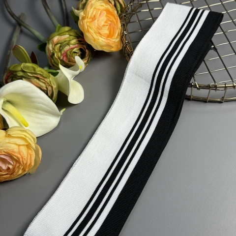 Довяз трикотажний поліестровий (6.5 см*120 см), білий+чорний полоси
