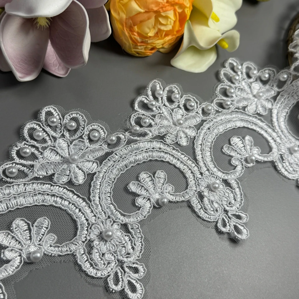 Мережево з кордовую ниткою Т600017А+перли 13 см. (16 ярдів/14.6 м.), білий