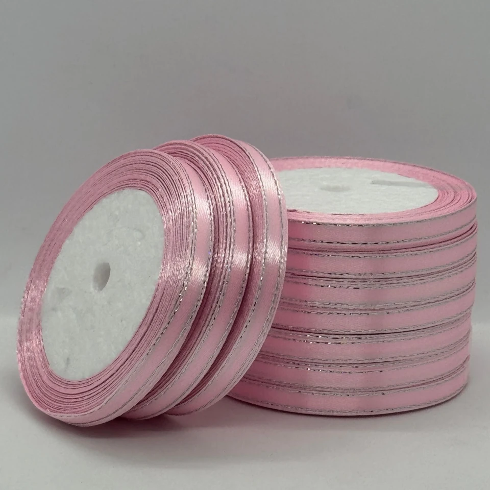 Стрічка атласна з люрекс 0,6 см+срібло (10*25 ярдів), 04 світло рожевий