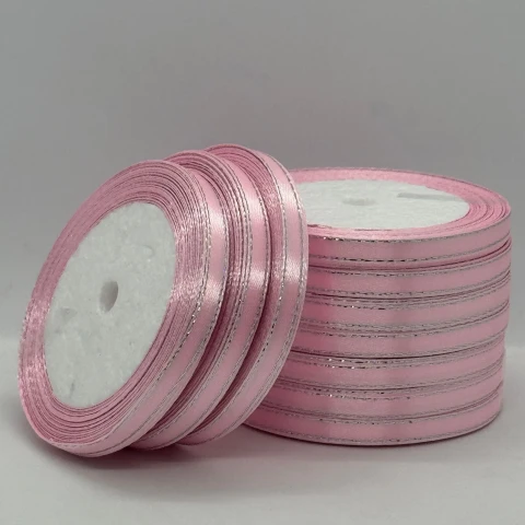 Стрічка атласна з люрекс 0,6 см+срібло (10*25 ярдів), 04 світло рожевий