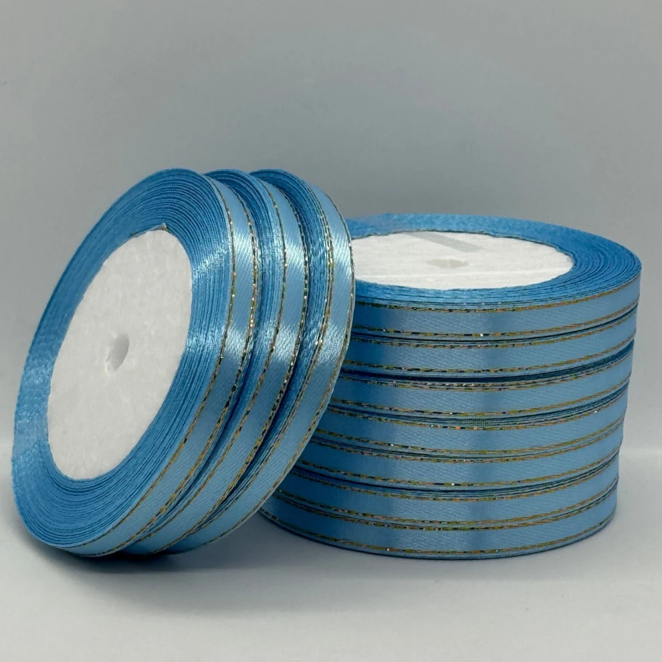 Стрічка атласна з люрекс 0,6 см+золото (10*25 ярдів), 187 блакитний