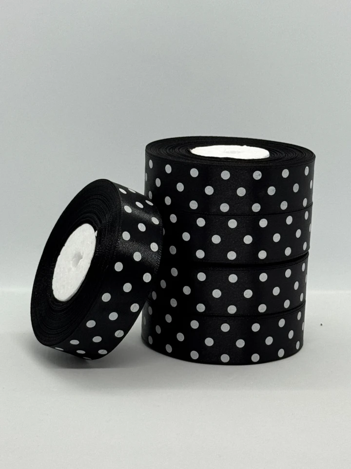 Стрічка атласна в горох 2.5 см (5*36 ярдів), 39 чорний + білий