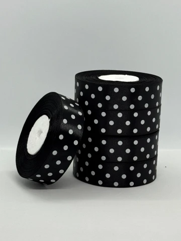 Стрічка атласна в горох 2.5 см (5*36 ярдів), 39 чорний + білий