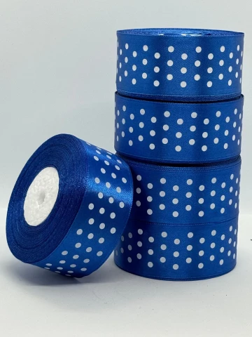 Стрічка атласна в горох 4 см (5*36 ярдів), 40 електрик + білий