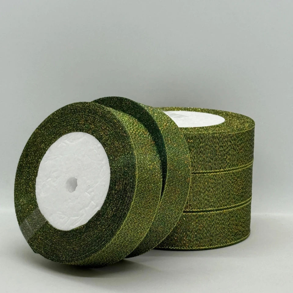 Тасьма парчева 2,5 см (5*25 ярдів/22,75 м.), 77 темний зелений + золото