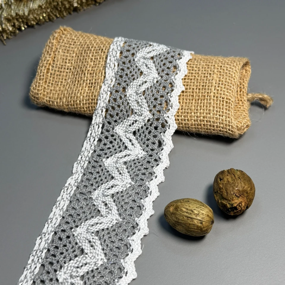 Мереживо макраме А 6442 6 см (50 ярдів/45,7 м.), сірий+білий
