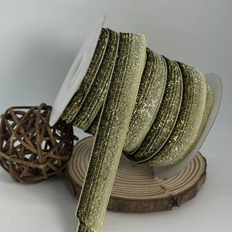 Стрічка оксамитова парча люрекс 2 см (25 ярдів/22,75 м.), 33 жовтий + чорний +золото + срібло