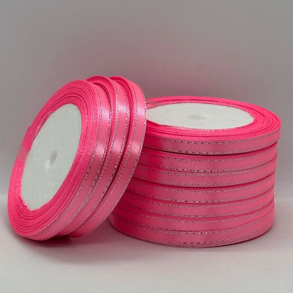 Стрічка атласна з люрекс 0,6 см+срібло (10*25 ярдів), 05 рожевий