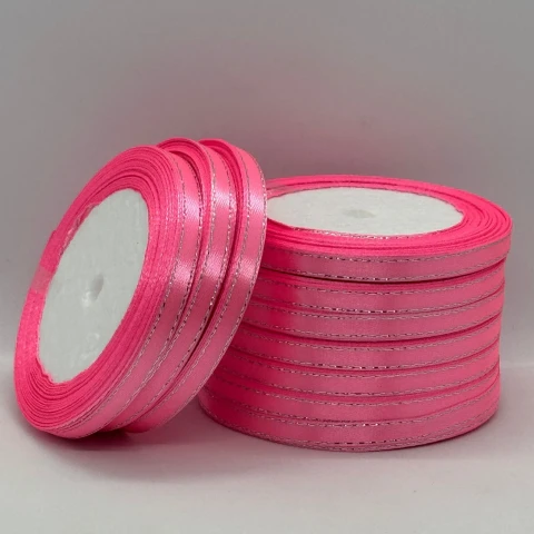 Стрічка атласна з люрекс 0,6 см+срібло (10*25 ярдів), 05 рожевий