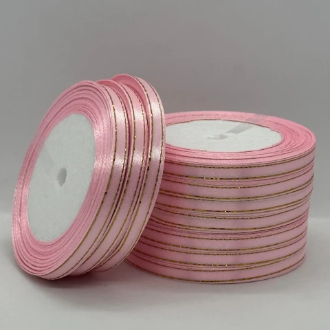 Лента атласная с люрекс 0,6 см+золото (10*25 ярдов), 04 светло розовый