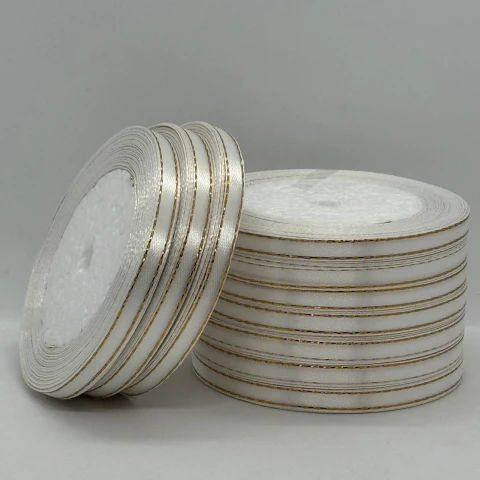 Стрічка атласна з люрекс 0,6 см+золото (10*25 ярдів), айворі (білий)