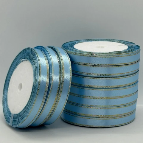 Лента атласная с люрекс 1 см+золото (10*25 ярдов), 187 голубой