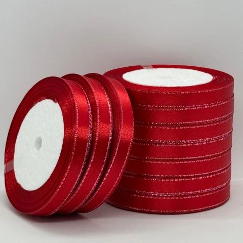 Лента атласная с люрекс 1 см+серебро (10*25 ярдов), 163 красный