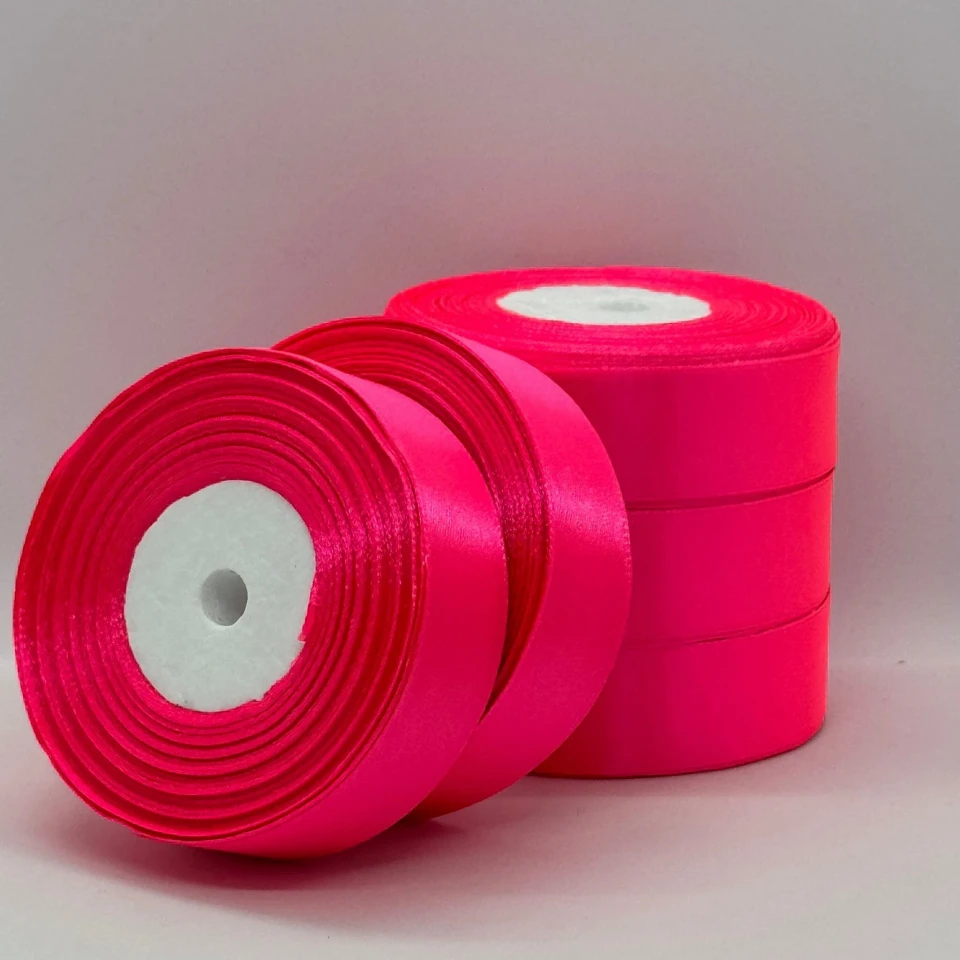 Стрічка атласна 2.5 см (5*36 ярдів), 14 неон рожевий